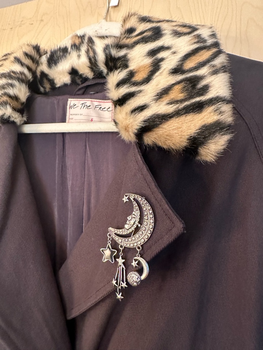 We The Free Dark Grey Trench Coat with Removable Leopard Faux Fur Collar - Picture 8 of 15